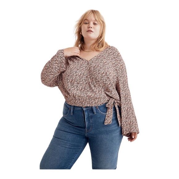 MADEWELL Floral Burgundy Wrap Tie Front Long Sleeve Top 1X - Picture 5 of 10
